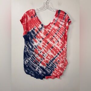 Able Red White Blue Tie Dye Patriotic American 4th of July Viscose V Neck Top PM
